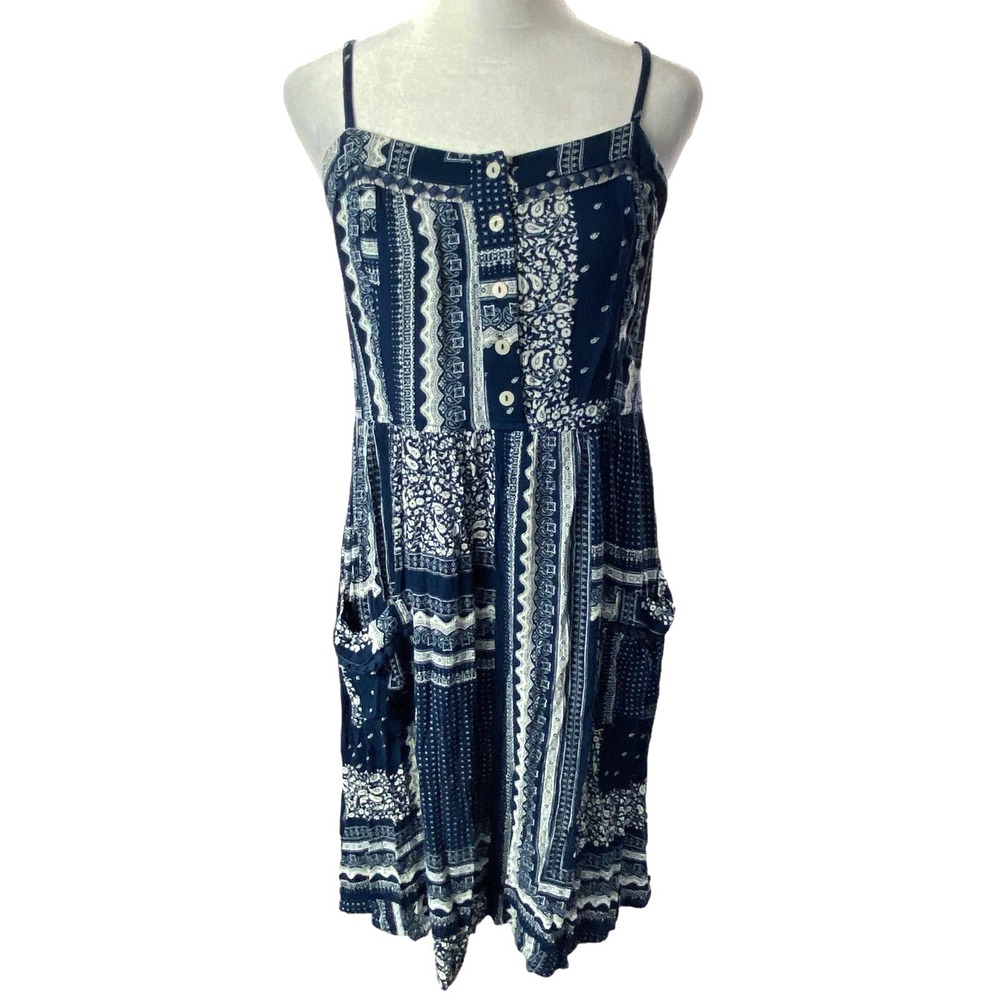 KNOX ROSE Women Patchwork Print Midi Dress Sz M Blue Boho Beachy Cottage 79-7